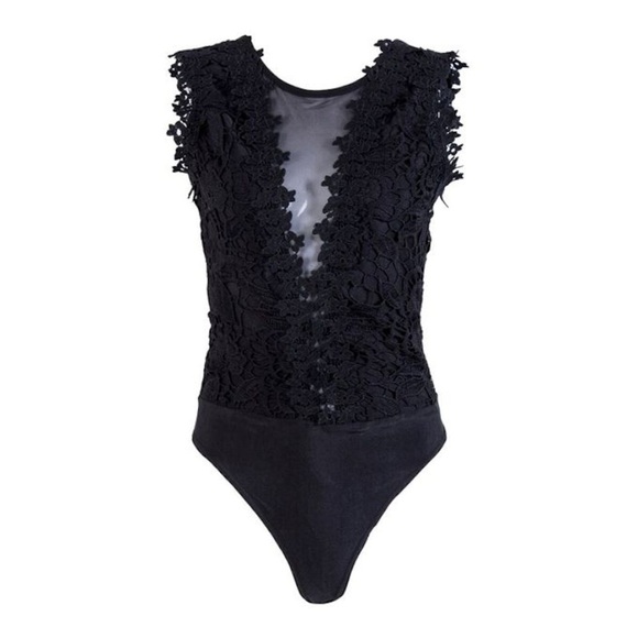 NEW Black Floral Crochet Dressy Bodysuit Deep-V Sheer Front & Back Size S & M - Picture 4 of 15